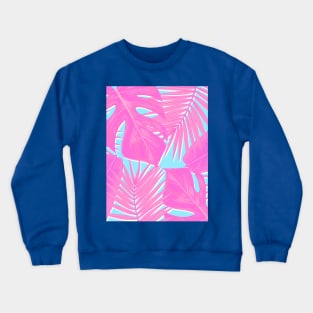 Monstera, Spider Palm, Tropical Leaves, Pink and Blue Crewneck Sweatshirt